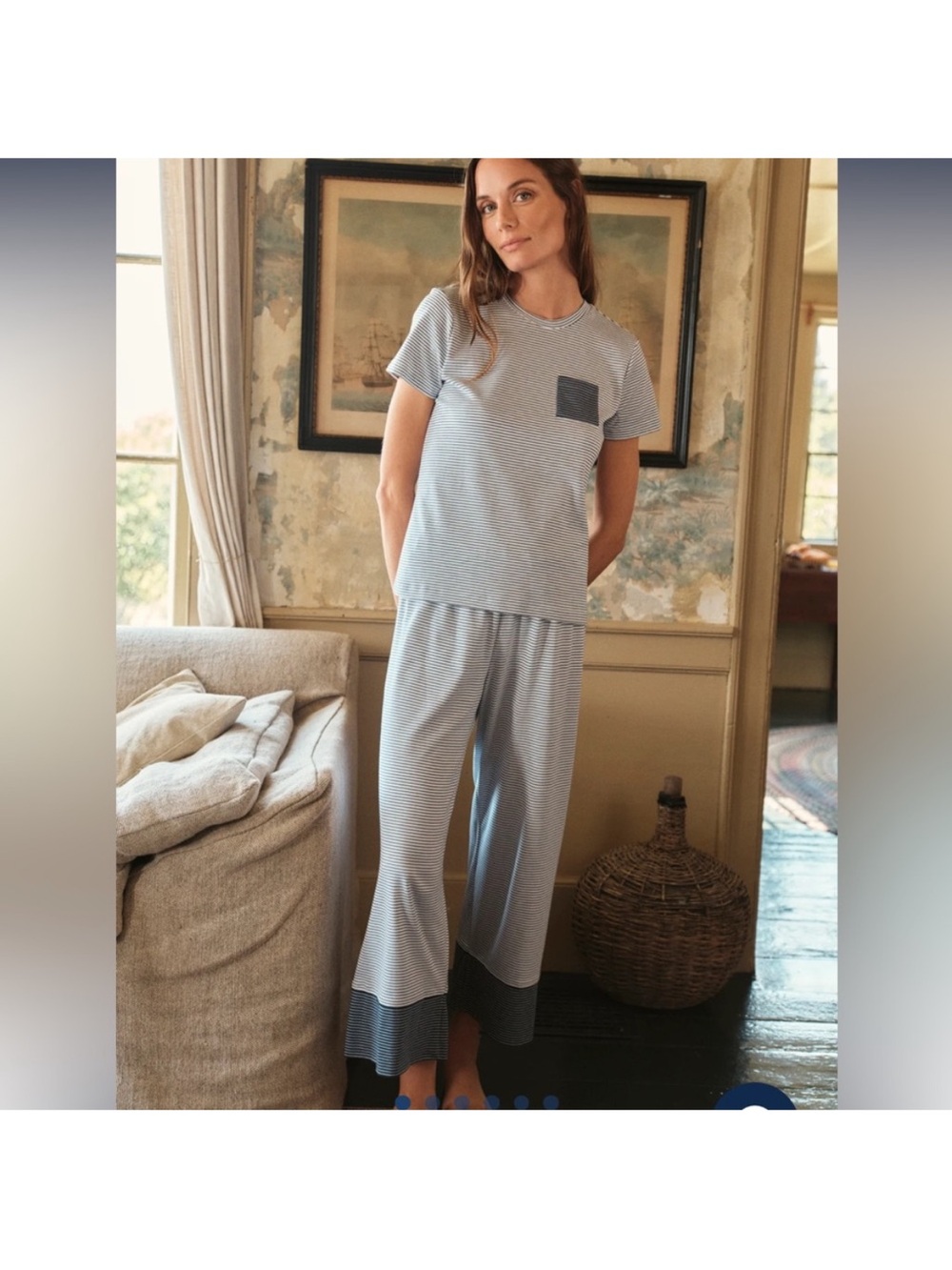 LAKE Pima Crew Wide Leg Pajama Set Navy Stripe Size M